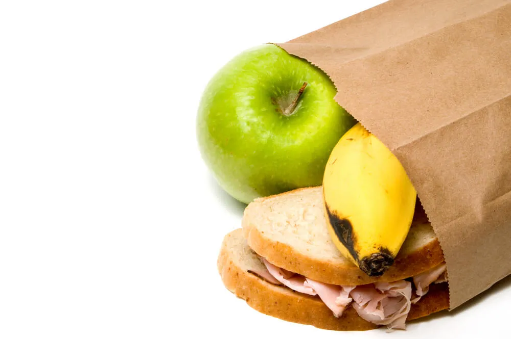 Sandwich, banana and apple in packed lunch