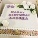 White and sprinkle birthday cake with purple birthday message