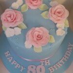 Blue birthday cake with pink flowers